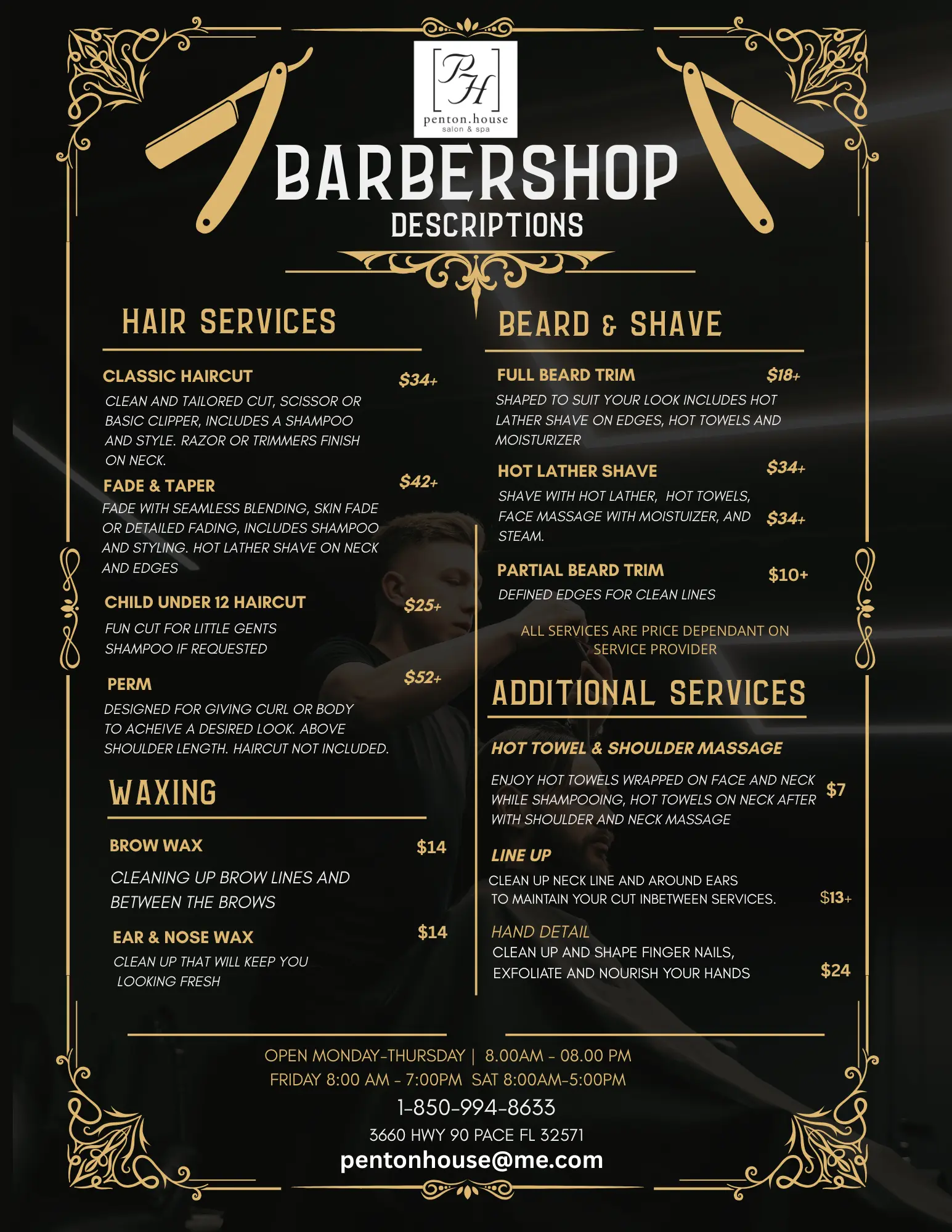 barber shop service menu pace and pensacola fl